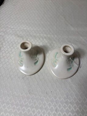 White Ceramic Floral Accent Candle Holders - Pair